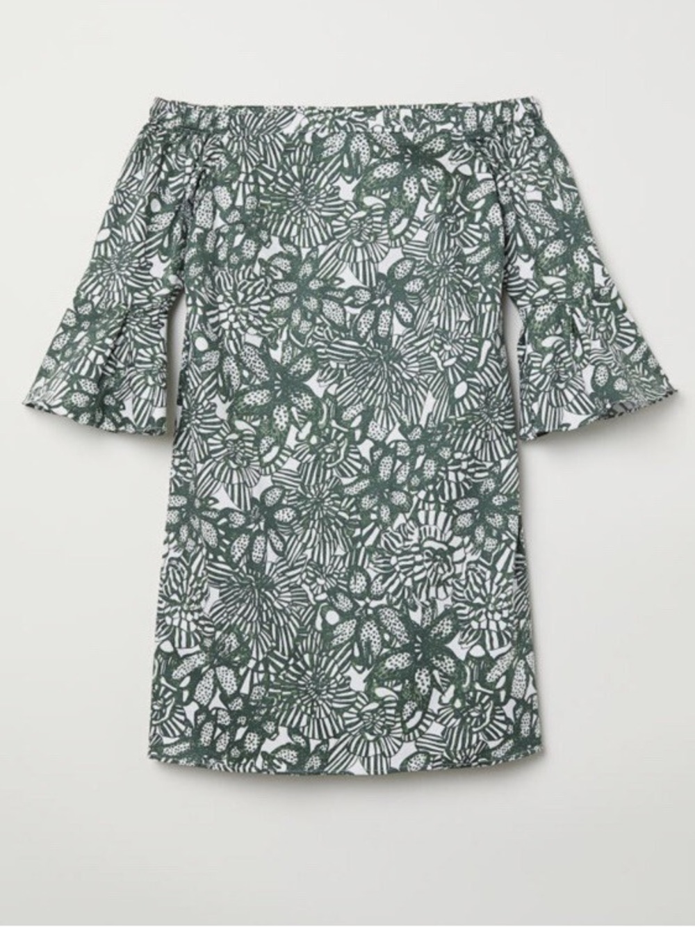 H&M - Off The Shoulder Green Floral Lightweight Quarter Sleeves Mini Dress SZ 6